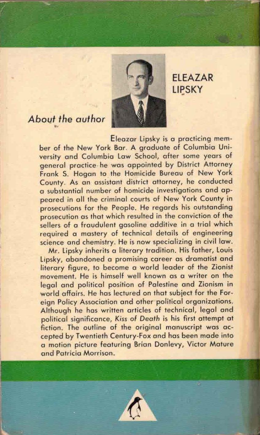 The Kiss of Death by Eleazar Lipsky, Penguin Paperback 1947