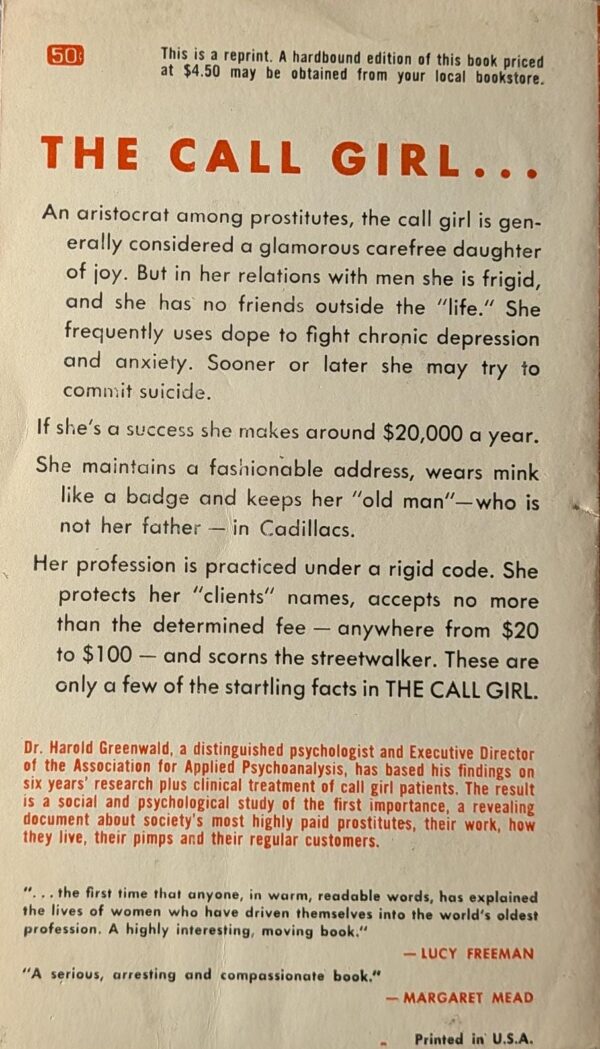 The Call Girl: A Social and Psychoanalytic Study by Dr. Harold Greenwald // Vintage Paperback